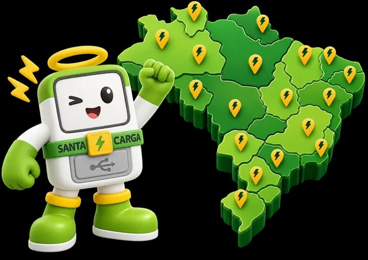 Mapa do Brasil com os pontos da rede Santa Carga e o mascote Toti