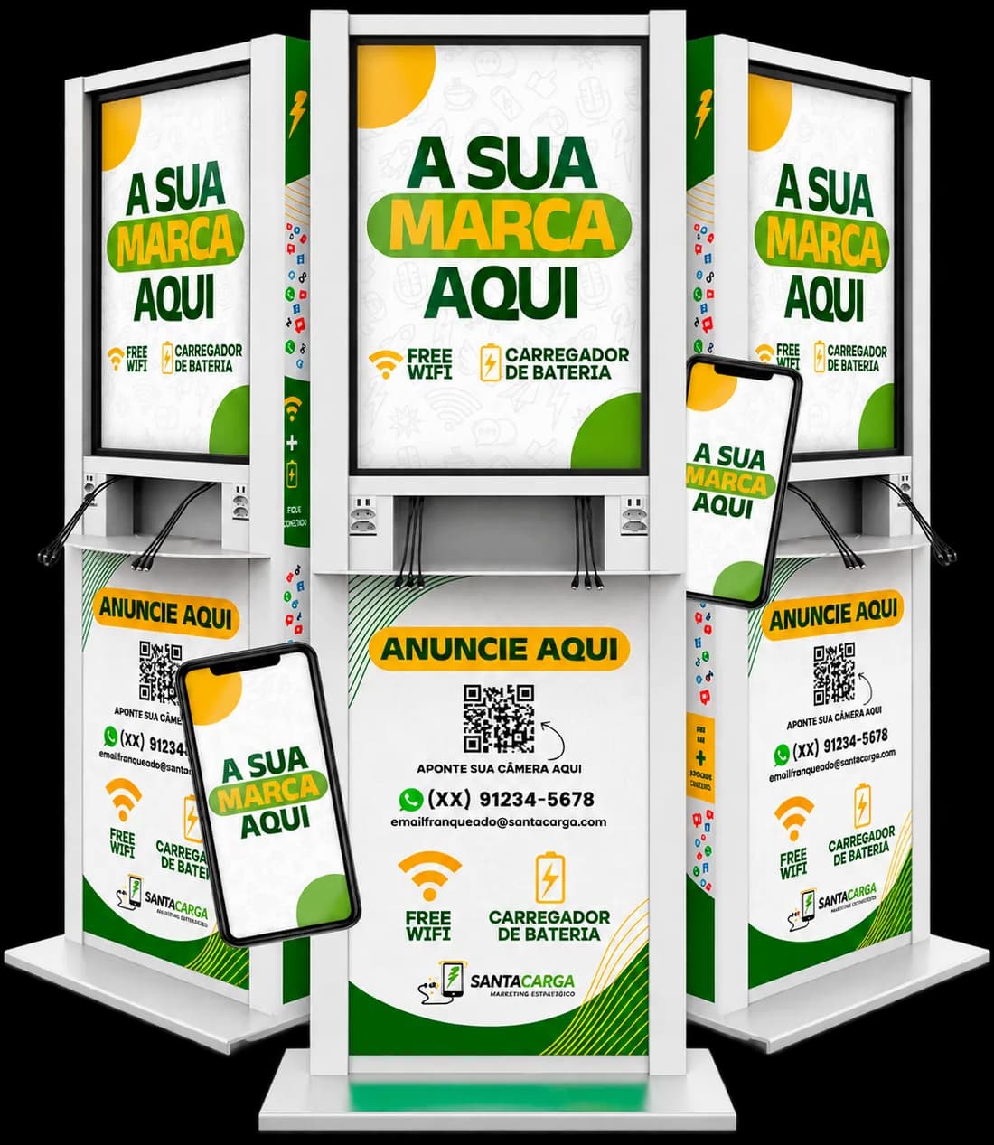 Três totens carregadores Santa Carga com telas de publicidade e celulares carregando